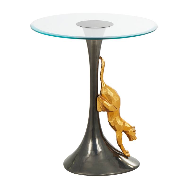 Aluminum Metal Leopard Accent Table with Gold Leopard Accent and Tempered Glass Top - Black - Roche River Decor
