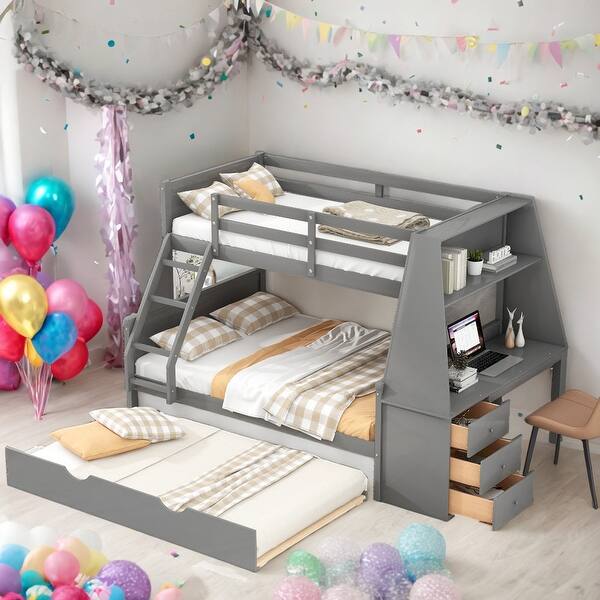 slide 2 of 15, Twin Over Full Bunk Bed With Trundle,Desk,Drawers,Shelf for Bedroom Grey