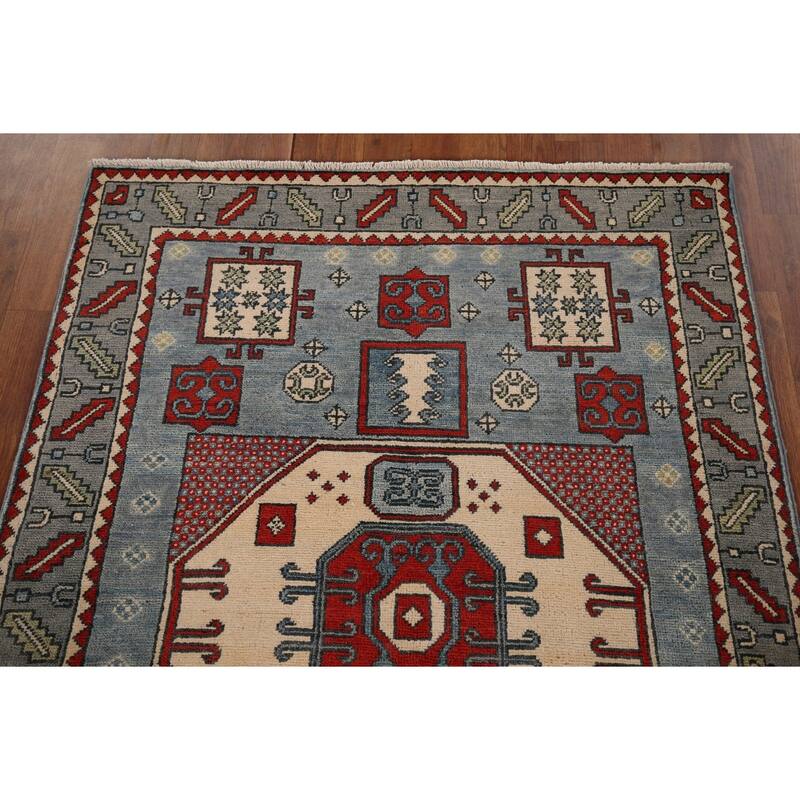 Blue Geometric Kazak Oriental Accent Rug Hand-Knotted Wool Carpet - 3'7" x 5'0"