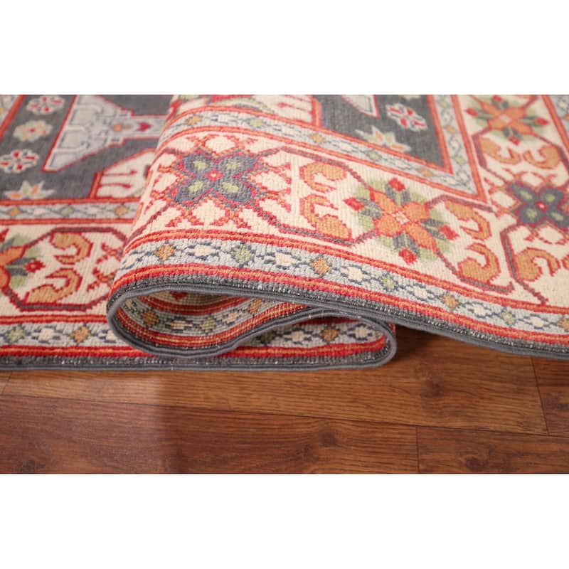 Geometric Kazak Oriental Accent Rug Handmade Grey Wool Carpet - 3'1" x 5'1"