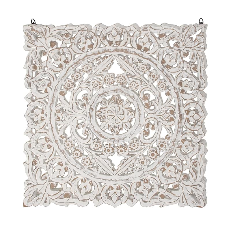 White Wooden Handmade Intricately Carved Floral Home Wall Decor with Mandala Design