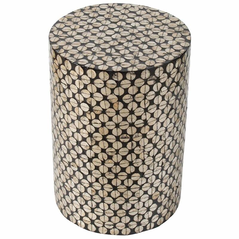Modern Drum Stool - Black/Gold Capiz Shell Design, End Table, Side Table - D14x20"