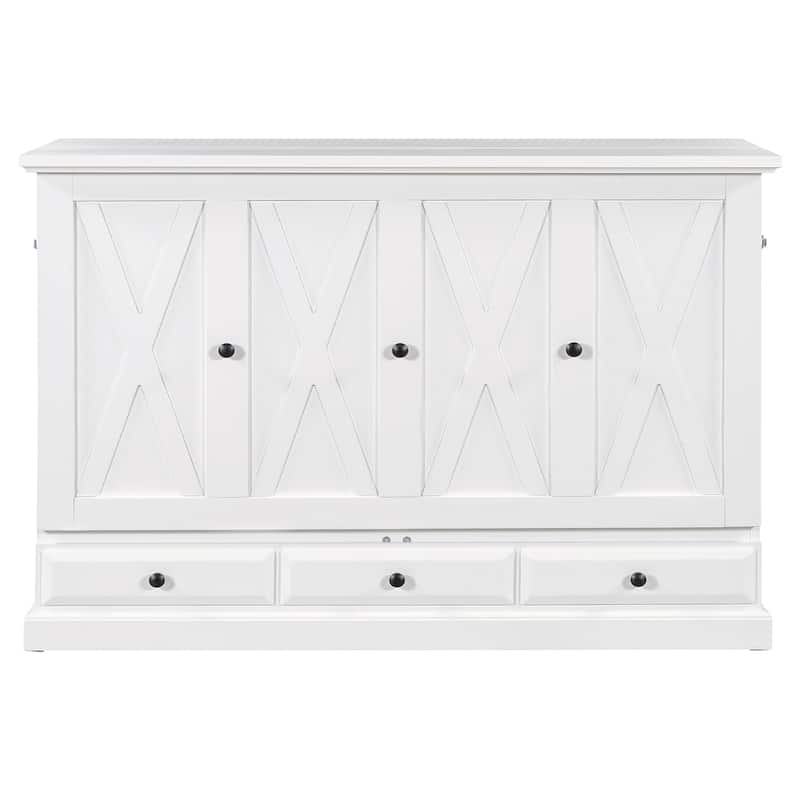 Solid Pine Wood Murphy Bed Chest Cube Cabinet Bed with Charging Station and Large Storage Drawer