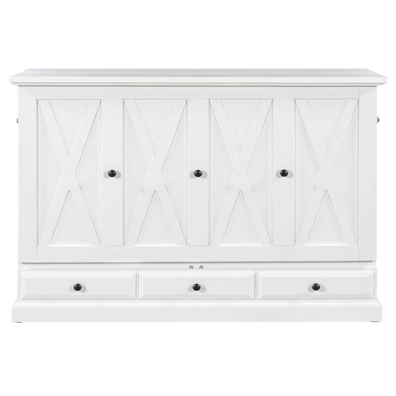 White Queen Size Solid Pine Murphy Bed with Charging Station & Storage Drawer