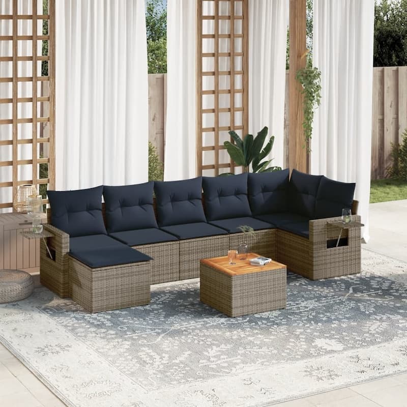 vidaXL 8 Piece Patio Sofa Set with Cushions Gray/Black Poly Rattan - 24.4" x 24.4" x 27.2" - Grey and navy blue  - form1