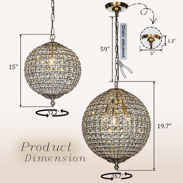 dimension image slide 0 of 3, DancyHome 1/3-Light Retro Antique Bronze Crystal Globe Chandelier Small Sphere Pendant Light