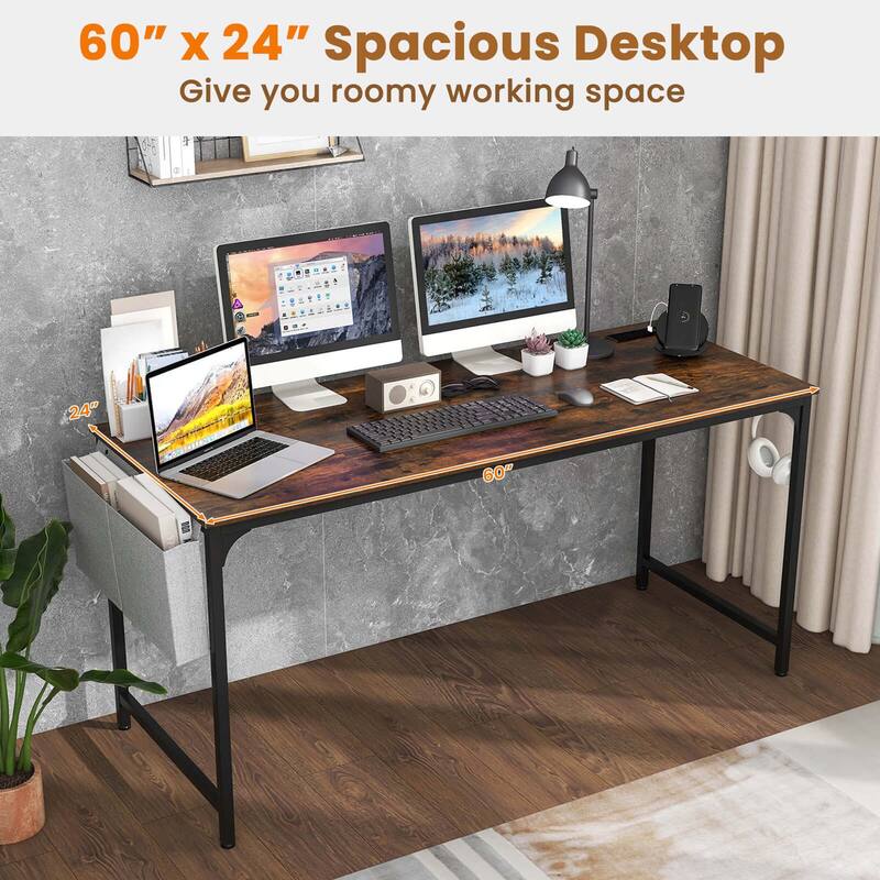 Costway 60" Modern Computer Desk with Charging Station with Storage
