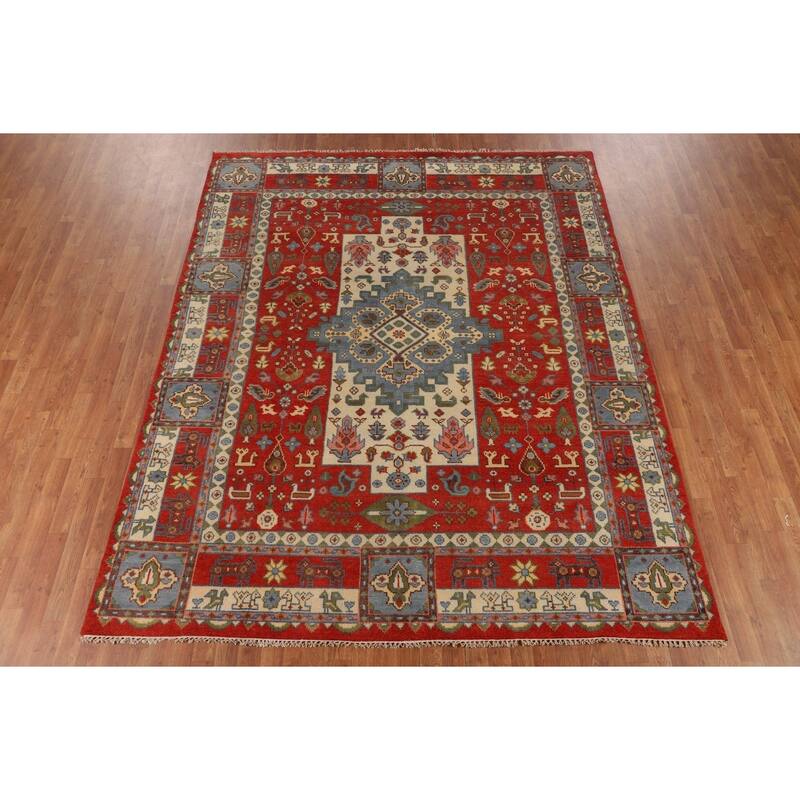 Tribal Geometric Ziegler Area Rug Hand-Knotted Oriental Wool Carpet - 7'10"x 9'8"
