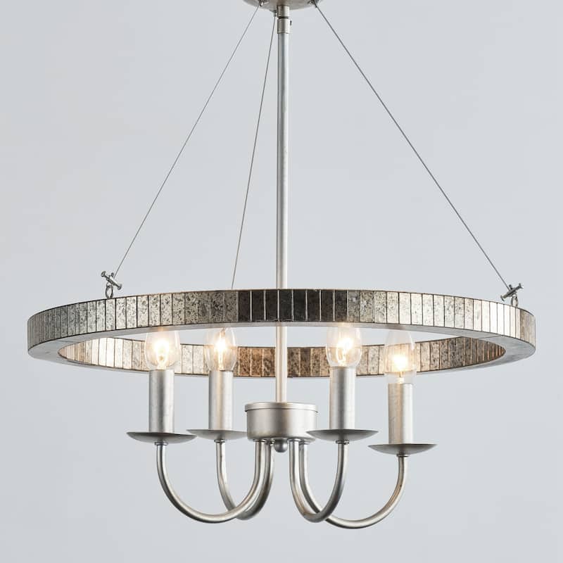 Rustic Silver Metal Round Wagon Wheel 4-Light Candle Chandelier for Dining Room - 19.7" W x 23.6" H