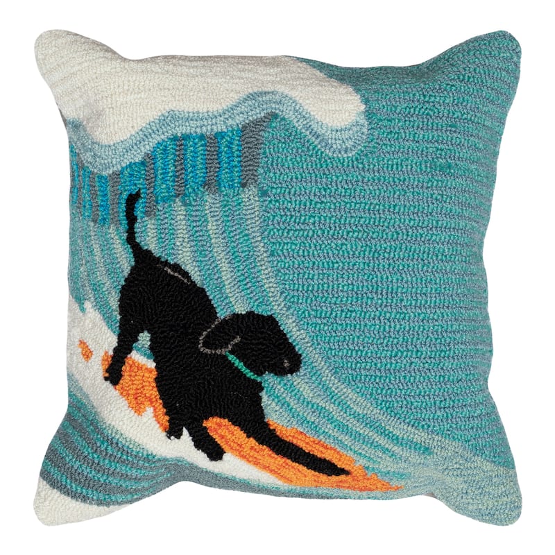 Liora Manne Frontporch Surfing Dog Indoor/Outdoor Pillow Ocean 18" Square