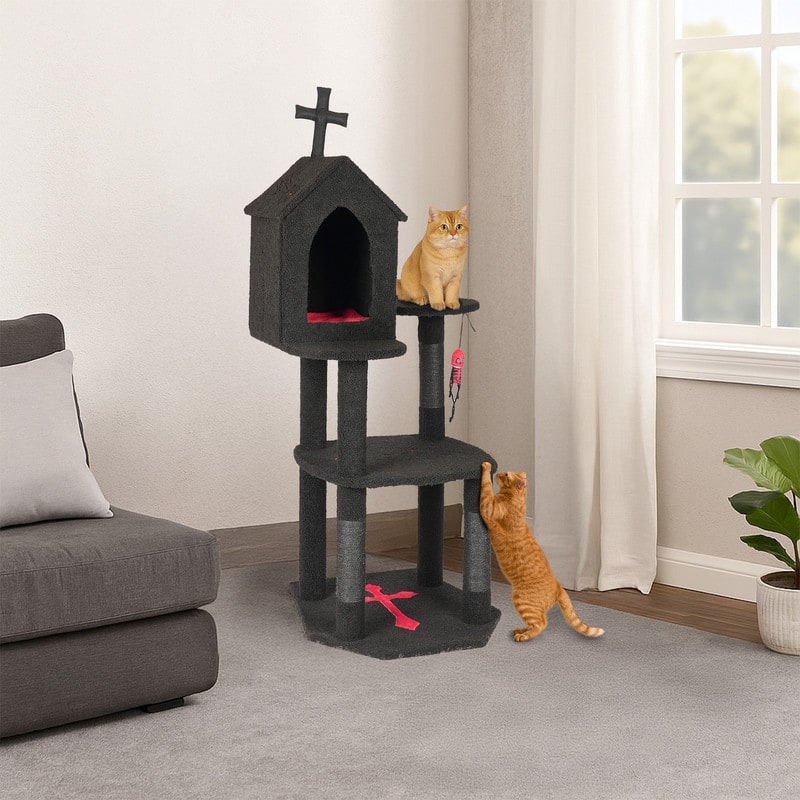 57" Cat Tower with Spacious Cat Condo Scratching Posts