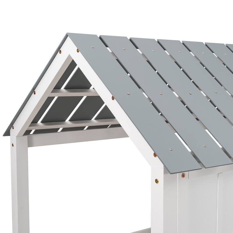 Twin Size Low Loft House Bed With Roof And Two Front Windows , White