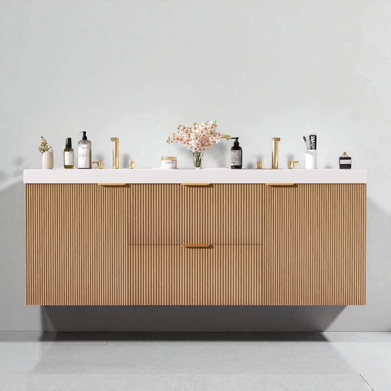 59.3" Double Sink Bathroom Vanity with SMC Resin Countertop, Wall-Mounted Floating Design, and Soft-Close Doors - Wood