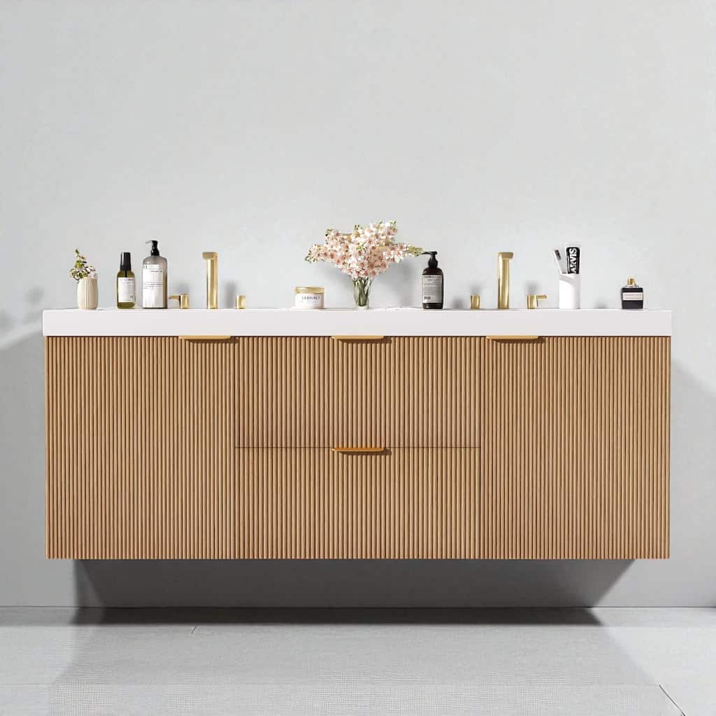 59.3" Double Sink Bathroom Vanity with SMC Resin Countertop, Wall-Mounted Floating Design, and Soft-Close Doors