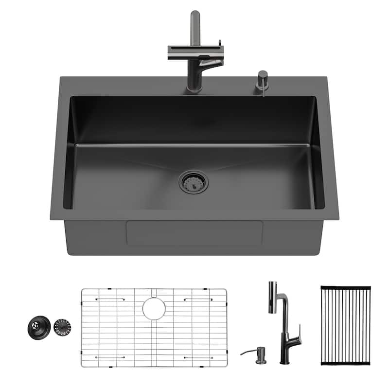 33" Drop-in Gunmetal Black Kitchen Sink Soap Dispenser 33x22x10 inch Single Bowl 16 Gauge Stainless Steel