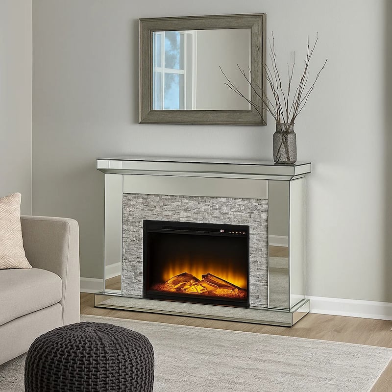 Electric Fireplace with Mirror Panel Framing and Stones Inlay, Silver