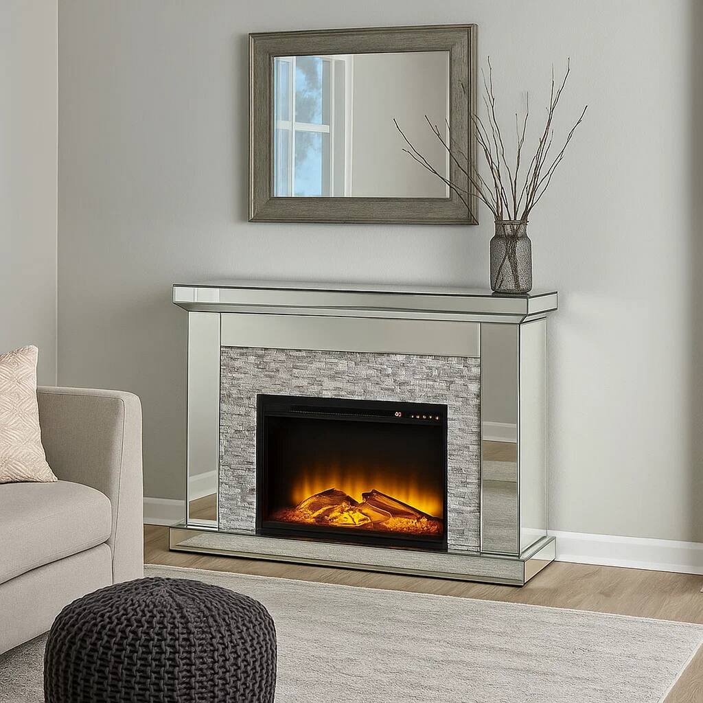 Electric Fireplace with Mirror Panel Framing and Stones Inlay, Silver