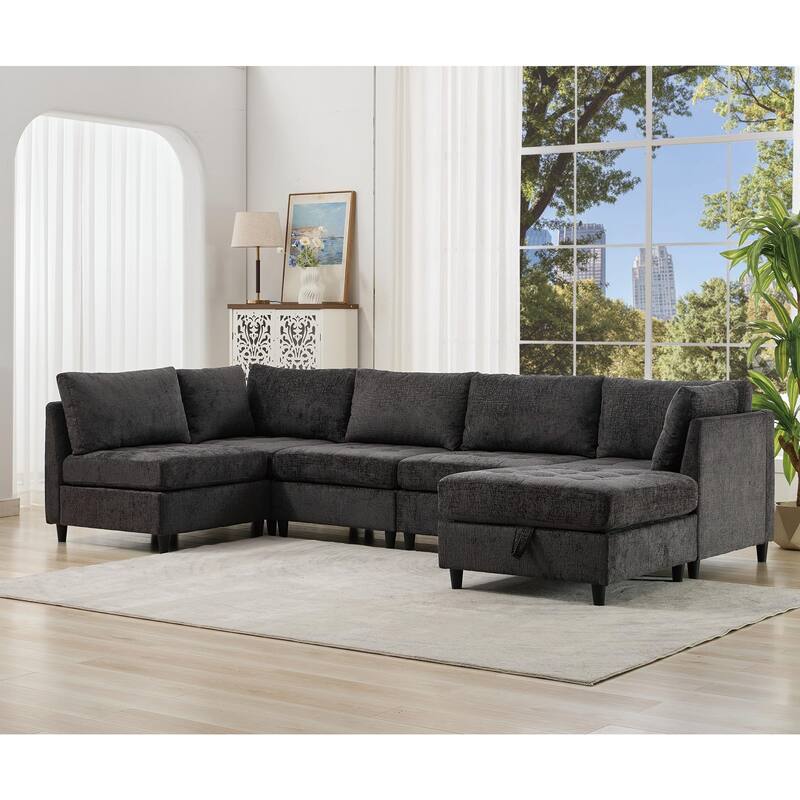 128" Chenille U-Shaped Modular Sectional Sofa with Ottoman