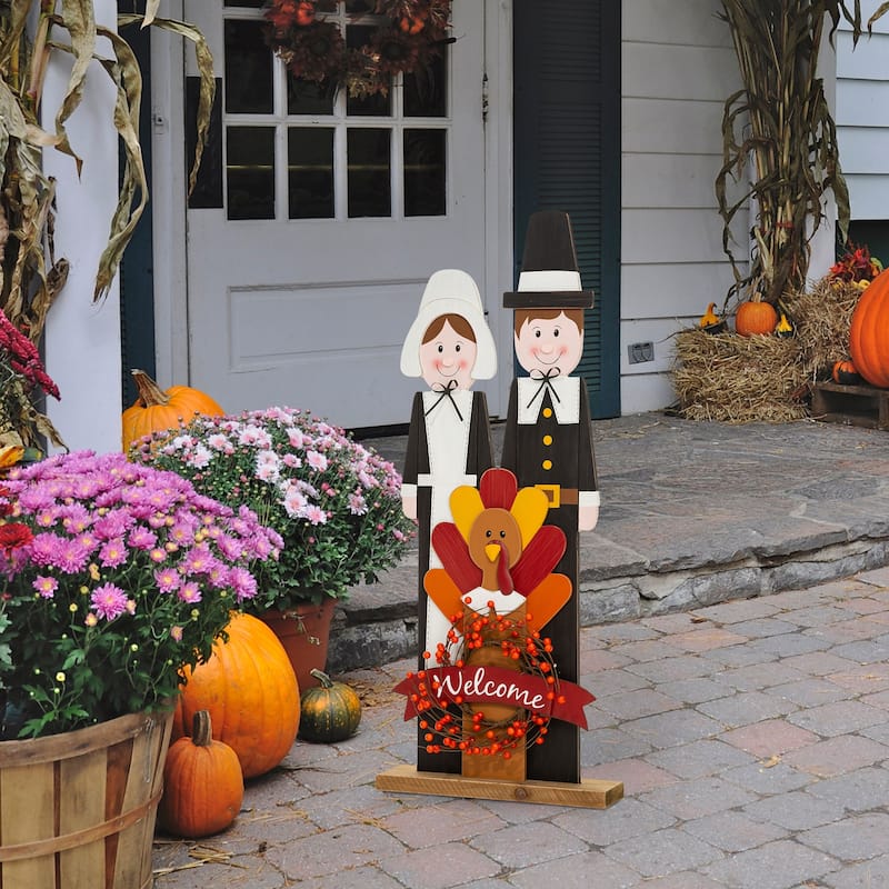 Glitzhome Fall Lighted Wooden Welcome Porch Decor w/Wreath