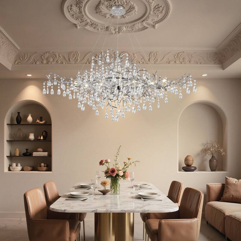 47 in. Raindrop Chandeliers, 12-Light Luxury Crystal Silver Tree Branch Chandelier for Dining Room, Kitchen Island,