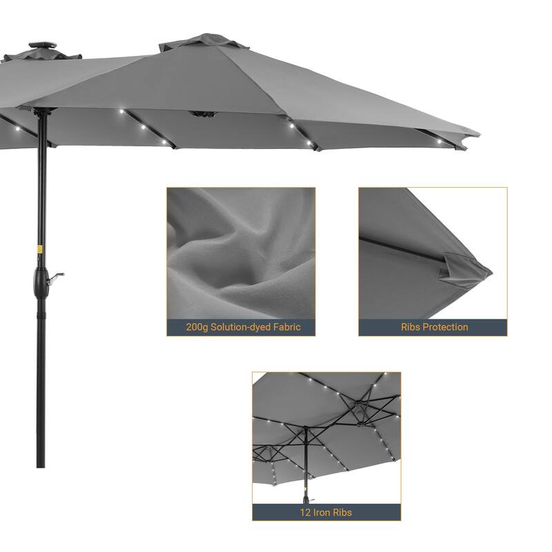 Livoosun 15×9FT LED Double-sided Patio Umbrella with BASE UPF50+ and Handle, and Wind-Resistant Design