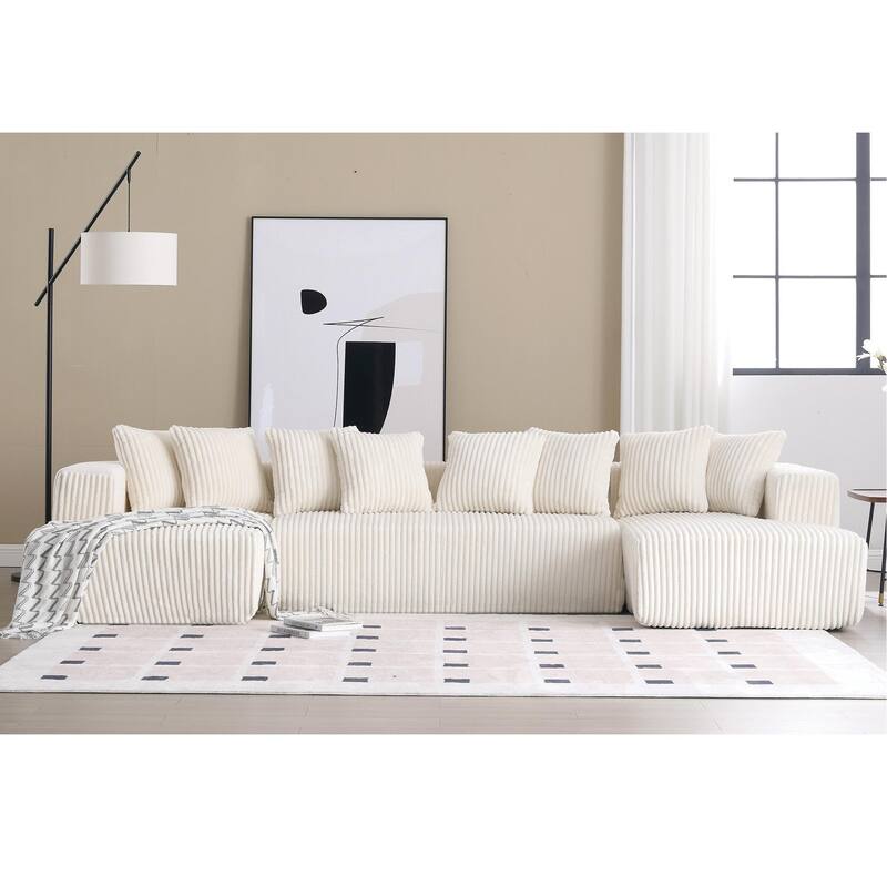 131" Modular U-shaped Sectional Couch, 4 Seater, Striped Corduroy, Ancient White