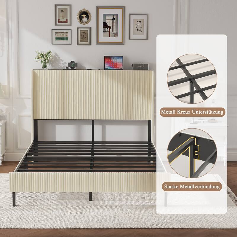 Roomfitters Metal Platform Bed Frame with Charging Station, Heavy Duty Mattress Foundation, No Box Spring Needed, Beige