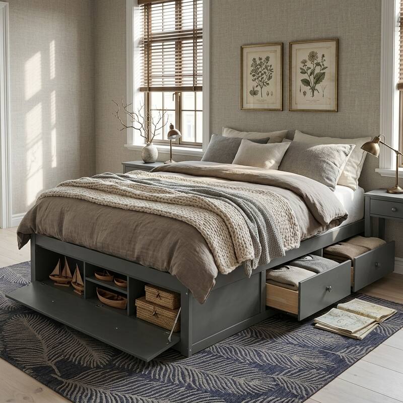 Queen Platform Bed Frame with Underbed Storage by Harper&Bright Designs - Grey