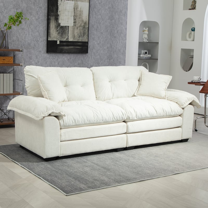 84" Chenille Sofa Small Sofa Loveseat Deep Seat Sofa Couch with 2 Throw Pillows & Memory Foam Lounge - Beige