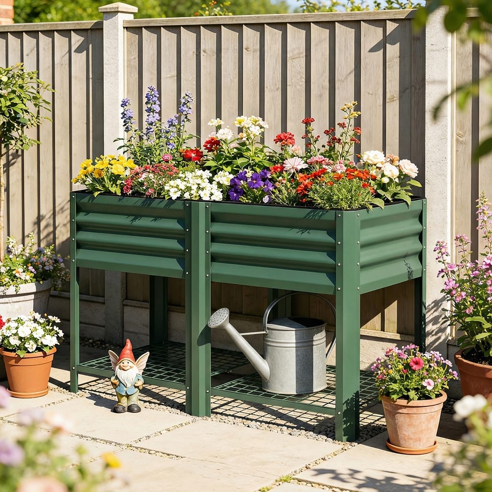 Outsunny Galvanized Steel Raised Garden Bed with Storage Shelf and Bed Liner, Elevated Planter Box with Legs