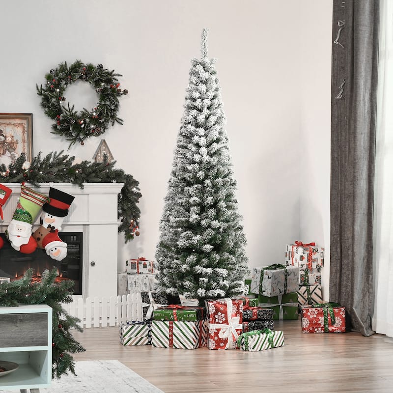 HOMCOM Unlit Slim Flocked Christmas Tree with Stand - 6 Foot
