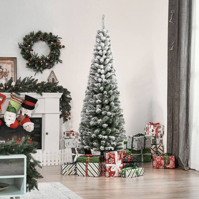 HOMCOM Unlit Slim Flocked Christmas Tree with Stand - 6 Foot - Green