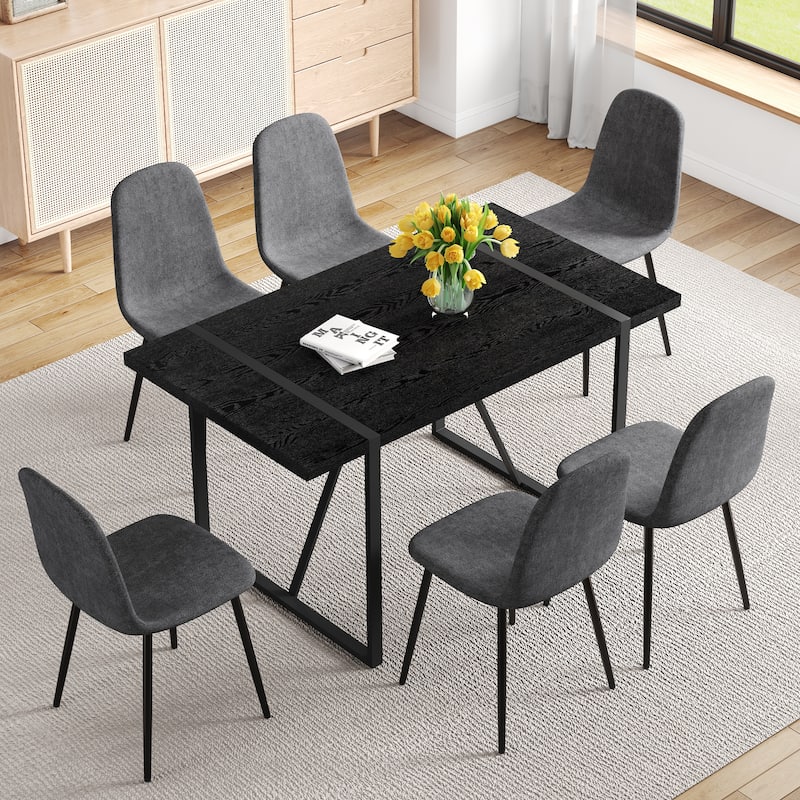 55-Inch Retro Rectangular Dining Table and Chair Set with Textured Tabletop, Includes 6 Linen-Cotton Dining Chairs