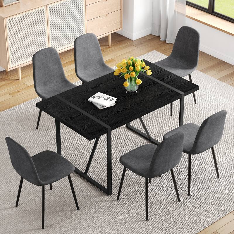 7-Piece Minimalist Retro Dining Table Set, 55-Inch Rectangular Table with Textured Top & 6 High-Resilience Fabric Chairs