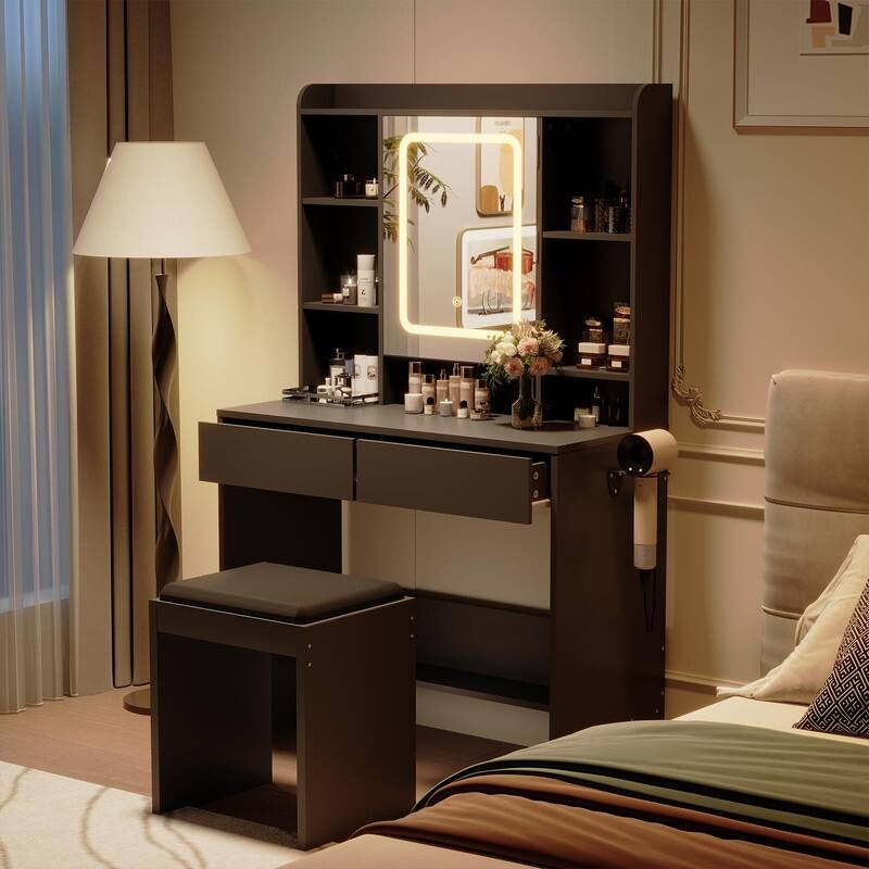 Vanity Desk with LED Mirror, Storage Drawers, USB Outlets, and Padded Stool