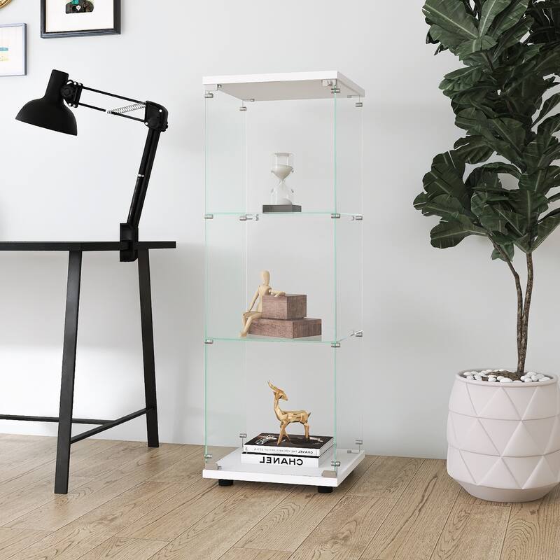Glass Display Cabinet with 3 Shelves, One-Door Curio Cabinets, Floor Standing Glass Bookshelf