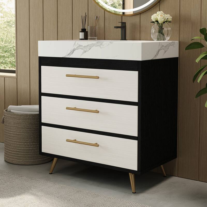 GDFStudio - Athens Modern 29.9" Freestanding Bathroom Vanity with Sintered Stone Top, Ceramic Vessel Sink & Stainless Steel Legs