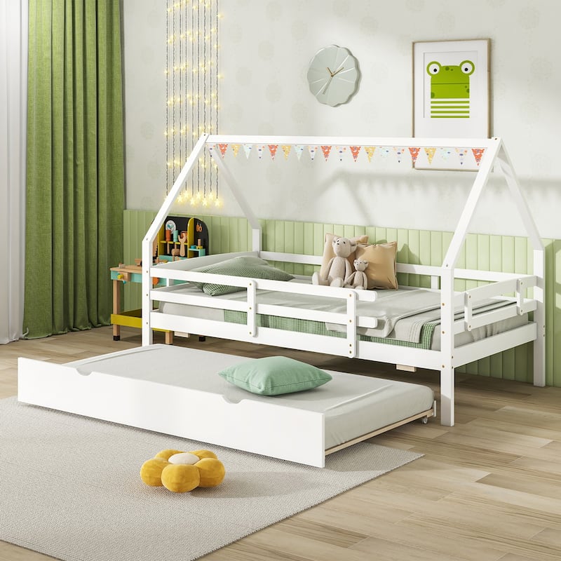 Gymax Twin Size House Bed w/ Trundle Wooden Kids Bed w/ Safety Rails &