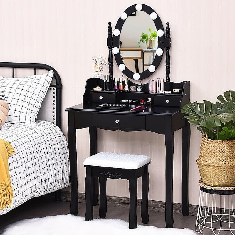 Oval Mirror Vanity Set with 10 LED Dimmable Bulbs and 3 Drawers - 29.5" x 16" x 56.5" (L x W x H)