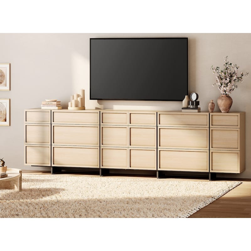 WAMPAT Modern TV Stand, Entertainment Center with T-Shaped Legs, Media Console Table with Storage Drawers - 2 Piece - Light Oak