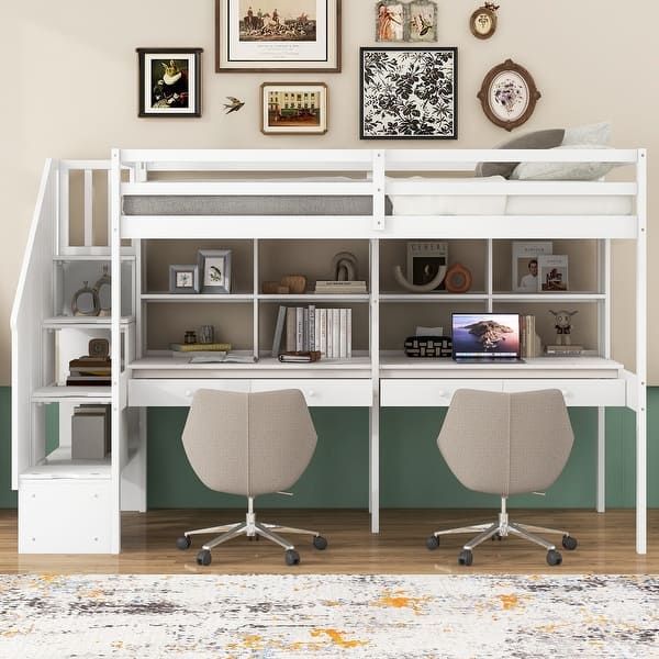 slide 2 of 17, Twin Loft Bed with Storage Staircase, Double Desks, and Shelves, White White