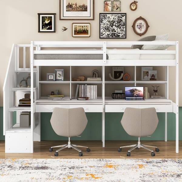 slide 2 of 19, Versatility Twin Size Wooden Loft Kids Bed with Stair,Desks,Shelves White