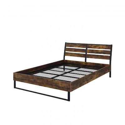 Eastern King Bed with Panel Headboard and Metal Slats, Brown and Black