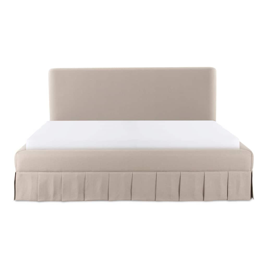 NADAAL STUDIOS Lenora Beige Upholstered Queen Bed with Pleated Skirt Base and Padded Headboard