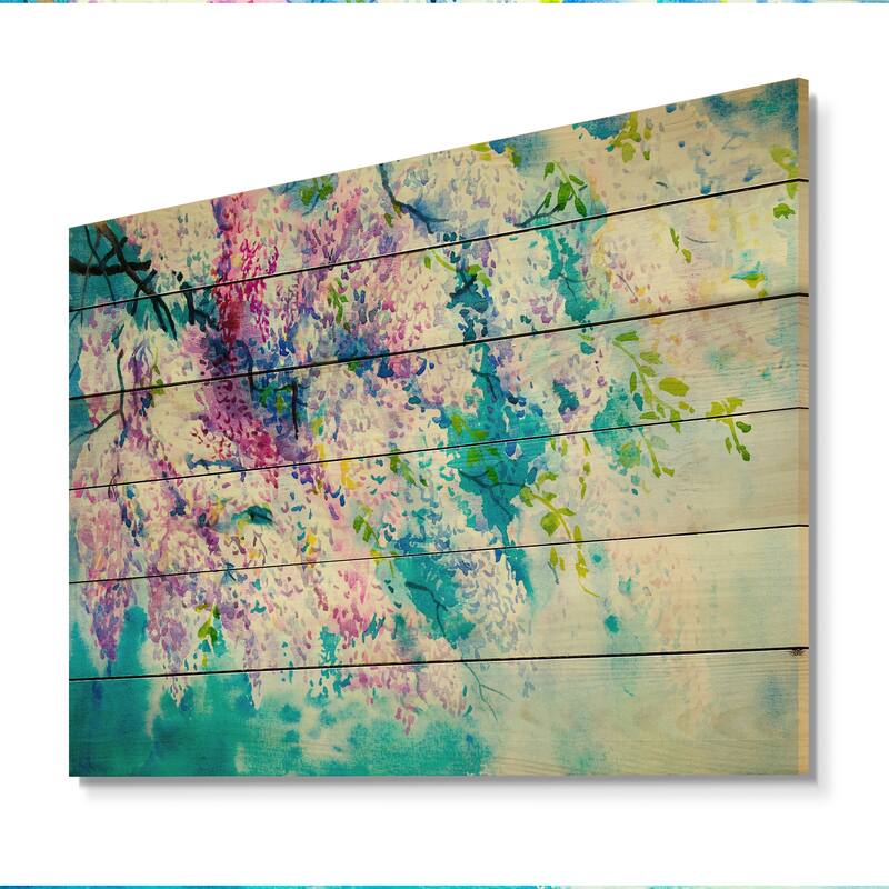 Designart 'Purple Lilac Flower Tree' Traditional Wood Wall Art Décor - Natural Pine Wood