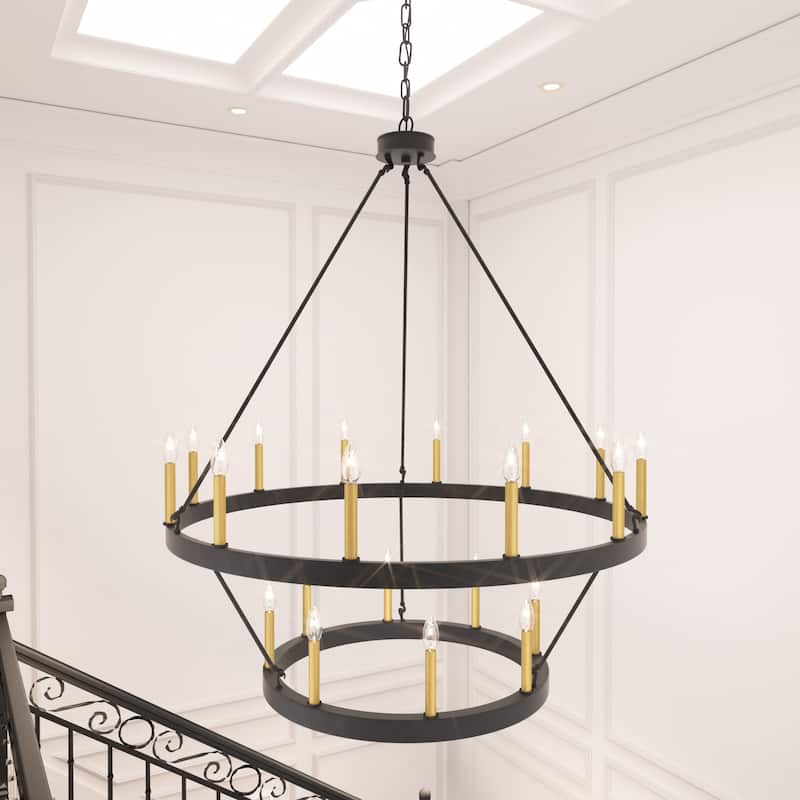 Acroma 20-light Modern Farmhouse 40In Round Wagon Wheel Chandelier with UL - Black Gold
