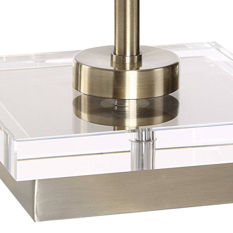 Table Lamp, Crystal Base, White Linen Shade, 32 Inch Antique Brass