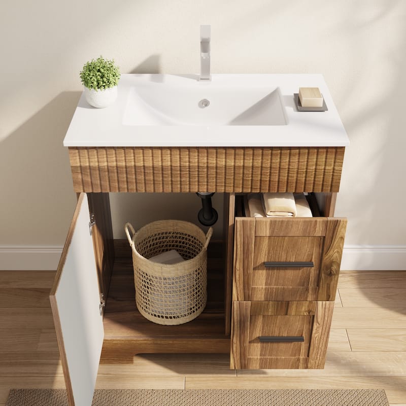 EROMMY Bathroom Vanity with Sink and Faucet, Freestanding Vanity Cabinet with Drawers & Doors, White Ceramic Top