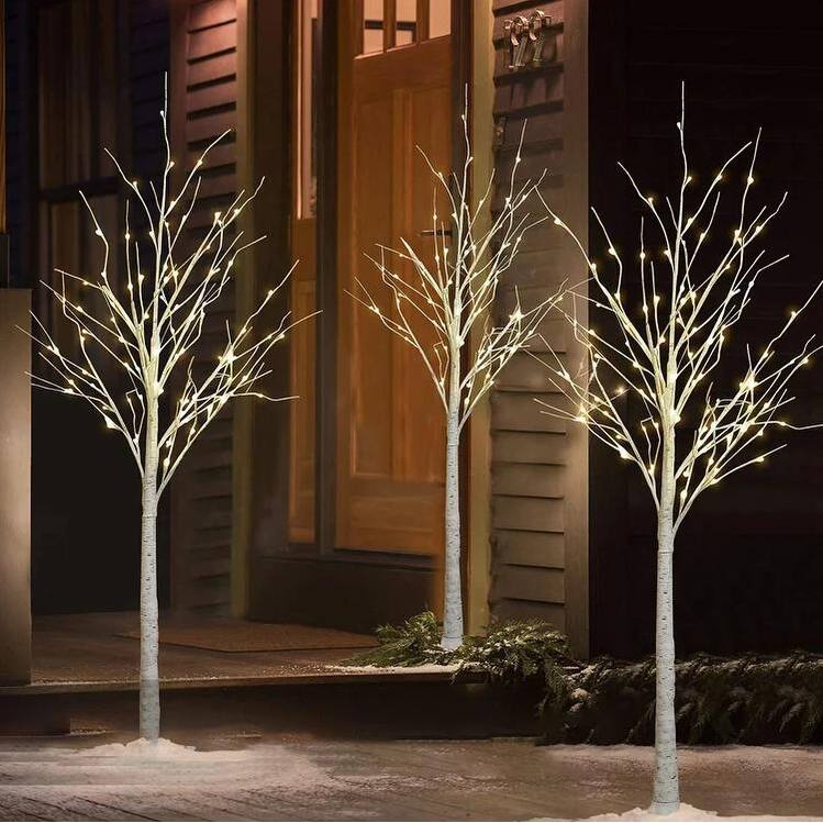 3 Piece Pre-lit Artificial Christmas Tree Set with Warm White Lights, Twinkle LED Birch Tree for Wedding, Festival, Party