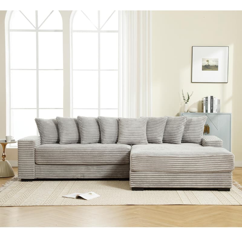 Gray 111" Corduroy Upholstered L-Shaped Sectional Sofa with Oversized Right Chaise Longue and 8 Throw Pillows